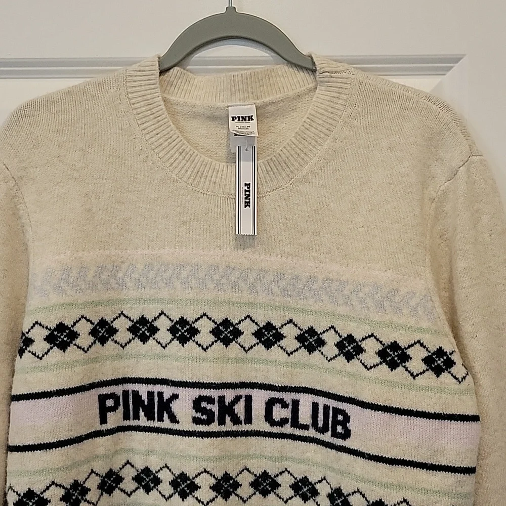 PINK Victoria's Secret Ski Club Collegiate Ivory Knit Crewneck Sweater XL NWT
